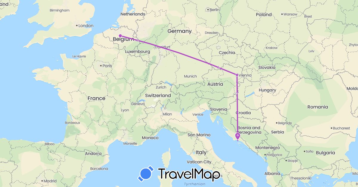 TravelMap itinerary: driving, train in Austria, Belgium, Croatia (Europe)